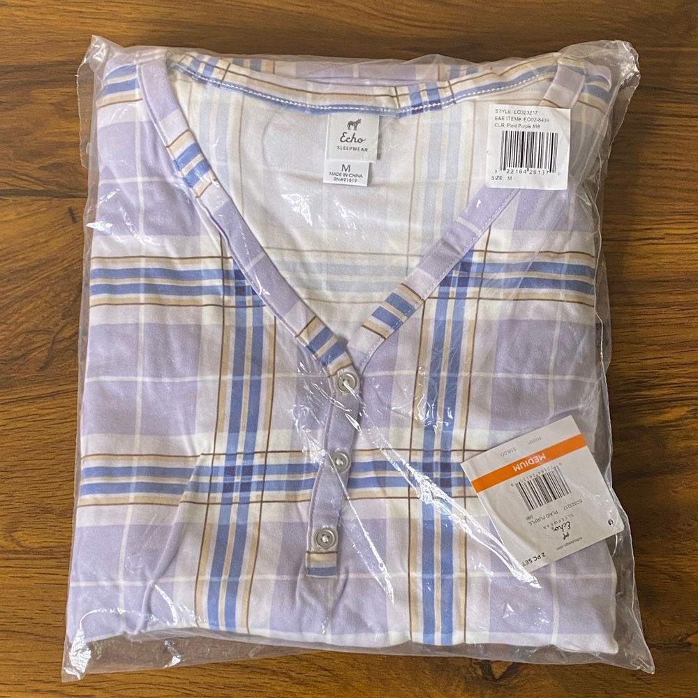 Echo Lavender and Beige‎ Plaid Women’s Pajama Set Size Medium.